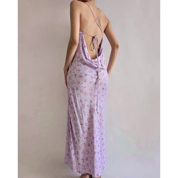 NWOT Zara Satin Purple Floral Print Low Back Tie Waist French Belle Slip Dress M - Picture 2 of 7